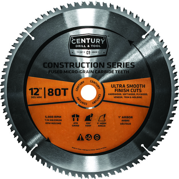 Century Drill & Tool Circular Saw Blade General Construction Grade Mitre 12" 80T 1" Arbor 10244